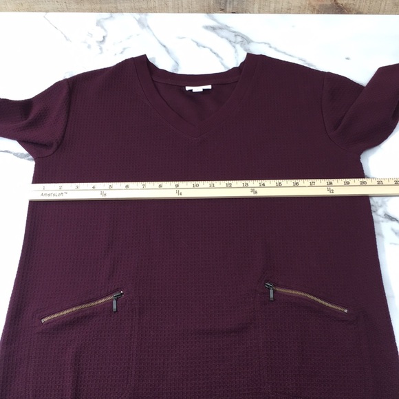 J. Jill Maroon Waffle Knit Tunic Top Womens Medium Petite V Neck Long Sleeve - Picture 9 of 11